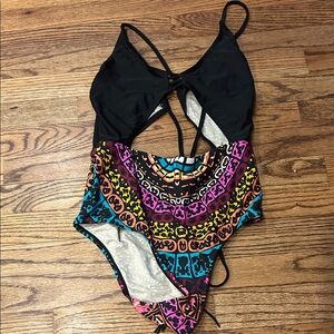 Cleobella Black One-Piece Swimsuit with Vibrant Tribal Skirt Print